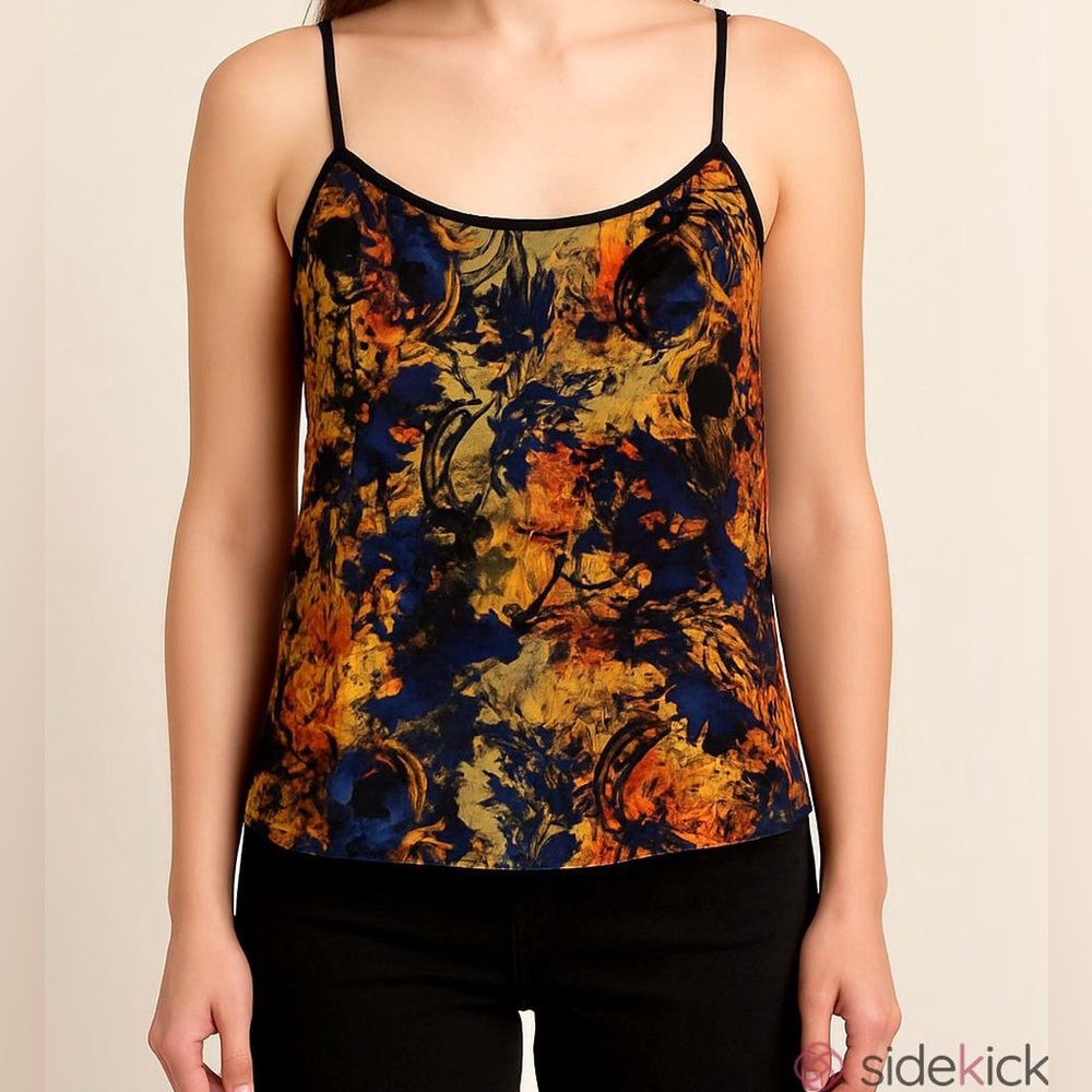 Sans Souci Blue Yellow SZ M Boho Chic Artsy Festival Y2K Chiffon Tank Top